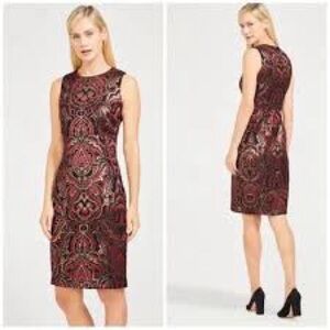 J McLaughlin Belinda Sheath dress in red, black and gold metallic paisley jacket